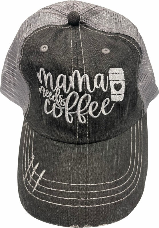 Mama Needs Coffee Embroidered Trucker Hat Cap Grey Mesh Trucker OS 