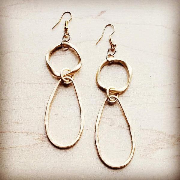 Matte Gold Hoop Earrings with Oval Hoop Dangle - Three Mad Hatters Mercantile 