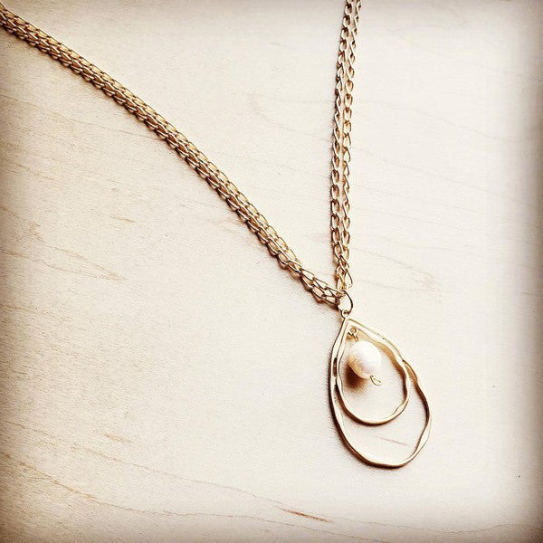 Matte Gold Necklace w/ Double Hoop Pearl Pendant Necklace gold 1 