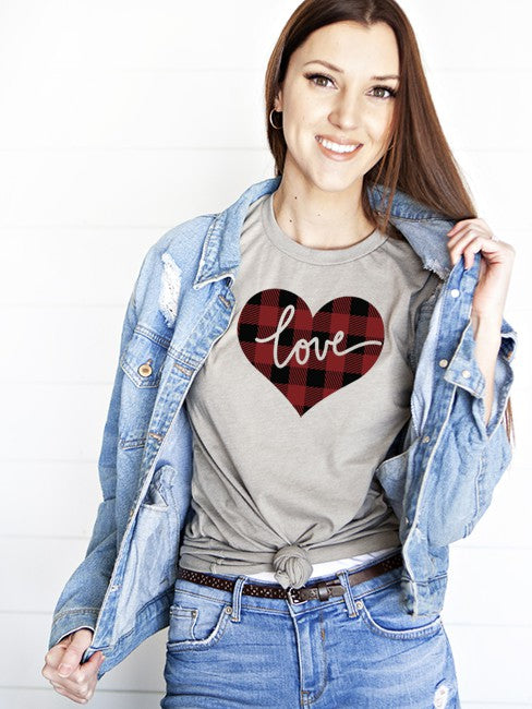 Love Plaid Heart Tee T- Shirt Deep Heather S 