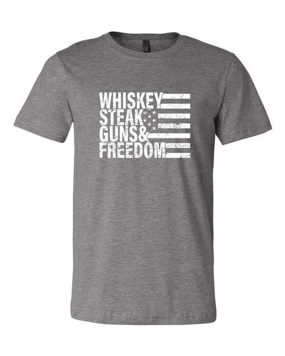 Whiskey Steak Guns & Freedom Tee Mens Graphic T-Shirt Heather Storm 2X 