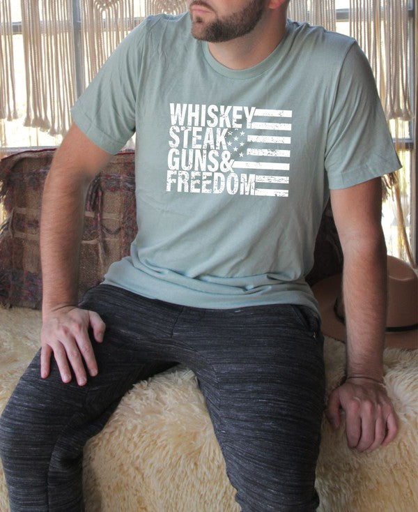 Whiskey Steak Guns & Freedom Tee Mens Graphic T-Shirt Prism Dusty Blue S 