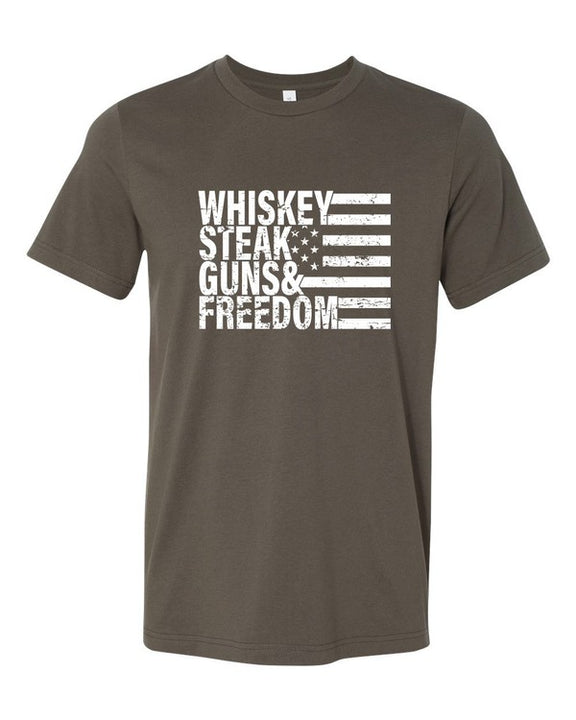 Whiskey Steak Guns & Freedom Tee Mens Graphic T-Shirt Army Green S 