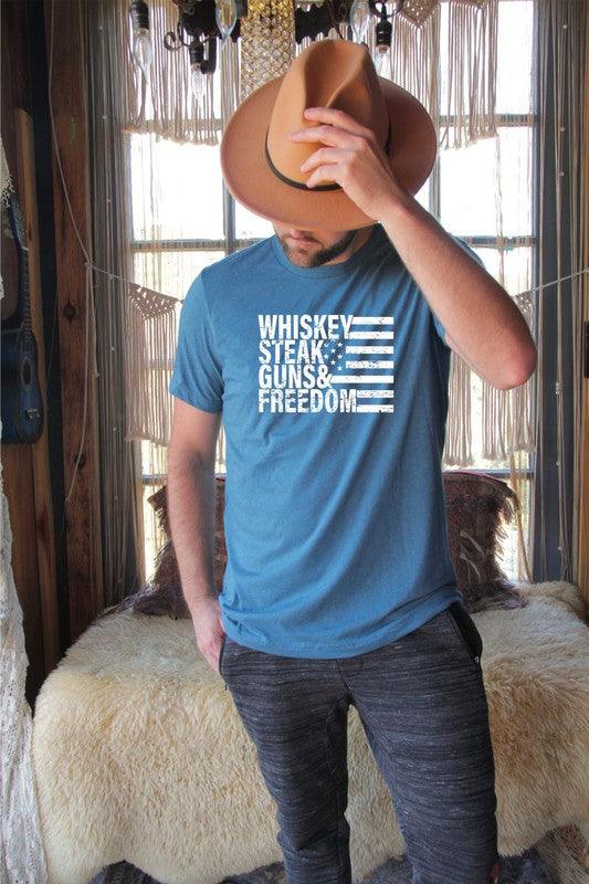 Whiskey Steak Guns & Freedom Tee - Three Mad Hatters Mercantile 