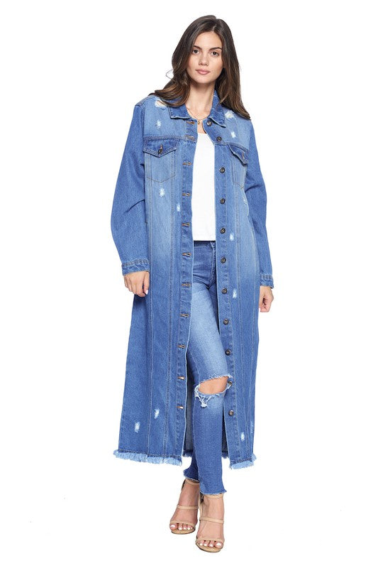 DENIM LONG JACKETS DISTRESSED WASHED Denim Jacket   