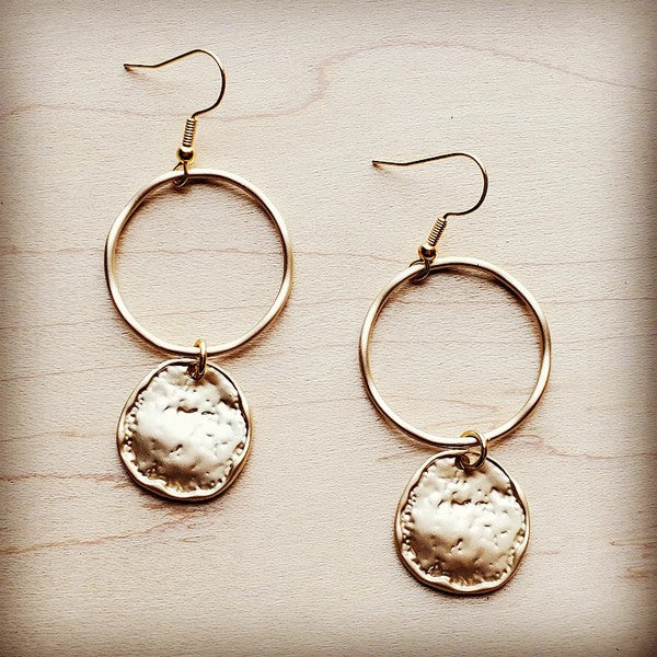 Matte Gold Hoop Earrings with Coin Dangle hoop earrings gold 1 