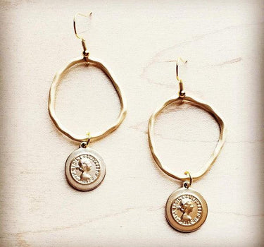 Matte Gold Hoop Earrings with Coin Dangle