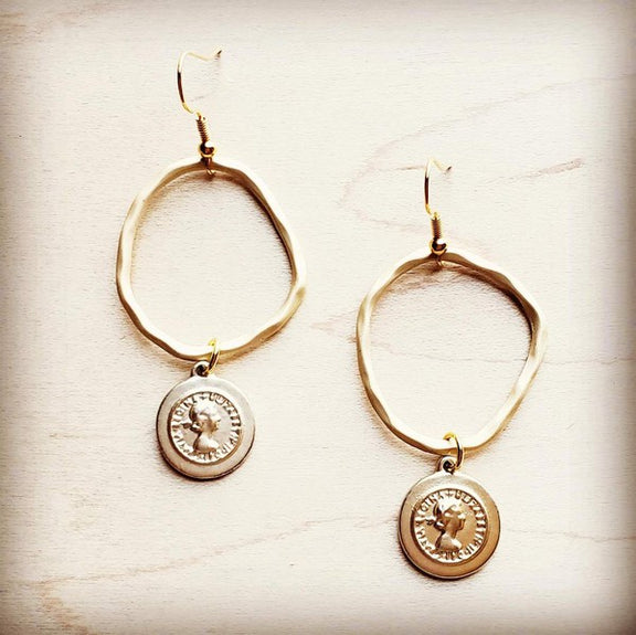 Matte Gold Hoop Earrings with Coin Dangle hoop earrings   