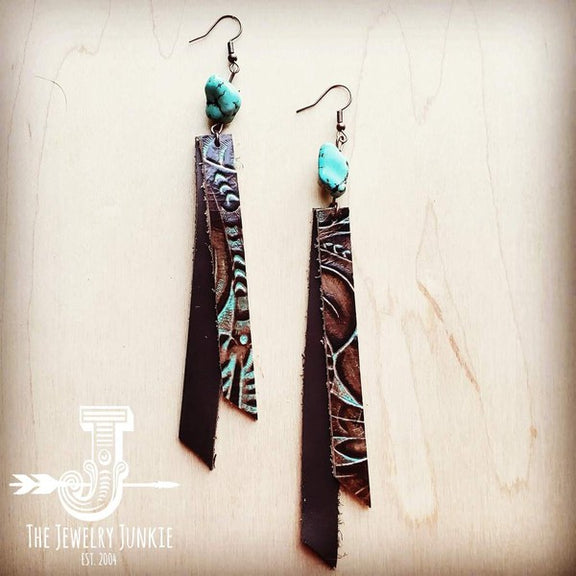 Leather Rectangle Earring in Turquoise Floral leather rearings brown 1 