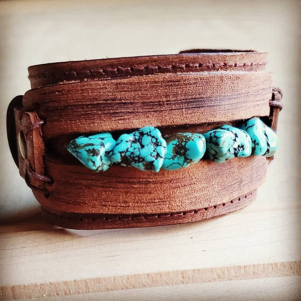 Leather Cuff With Blue Turquoise Chunks cuff bracelet blue 1 