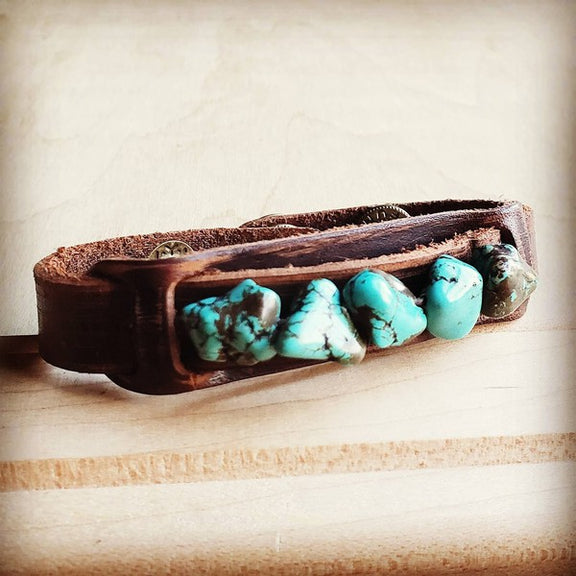 Leather Narrow Cuff With Blue Turquoise Chunks cuff bracelet blue 1 