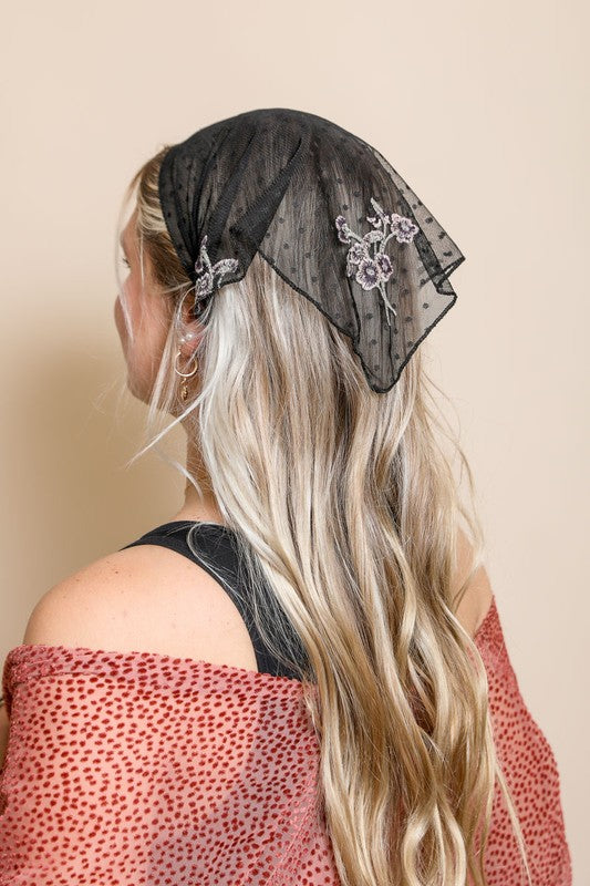 Tulle Lace Embroidered Poppy Headscarf Headscarf   