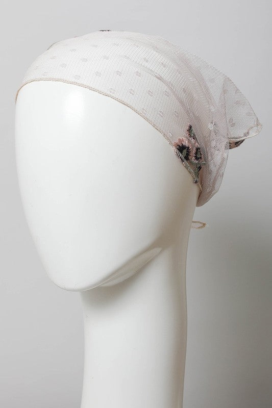 Tulle Lace Embroidered Poppy Headscarf Headscarf Pink Default 