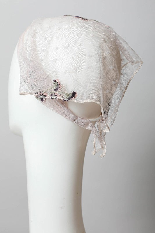 Tulle Lace Embroidered Poppy Headscarf Headscarf   