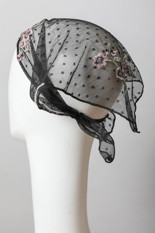 Tulle Lace Embroidered Poppy Headscarf Headscarf   