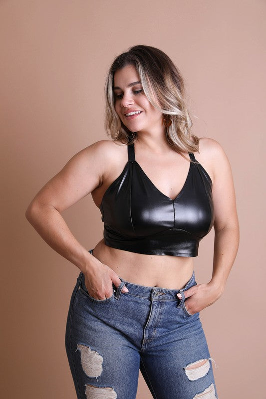 Faux Leather Longline Bralette Plus Size Womens Bralette Black 1XL 