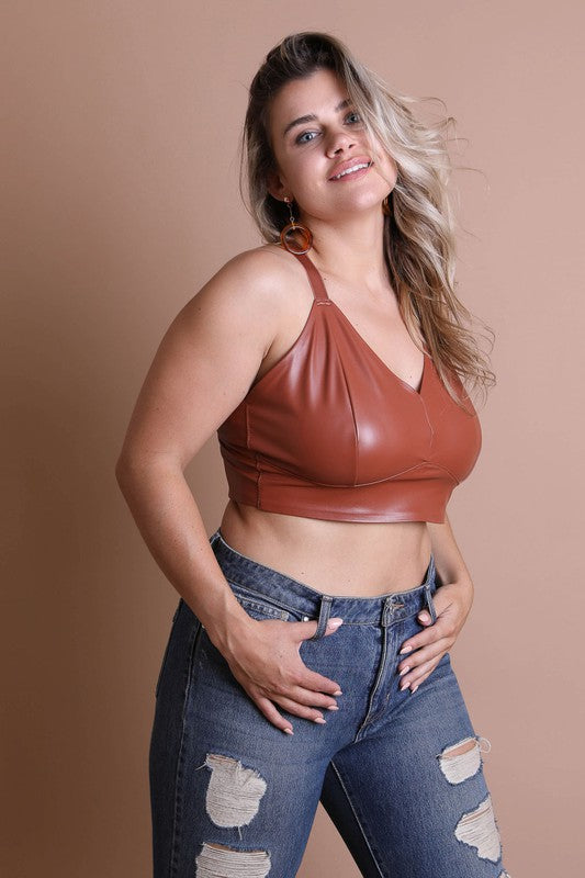 Faux Leather Longline Bralette Plus Size Womens Bralette Cognac 1XL 