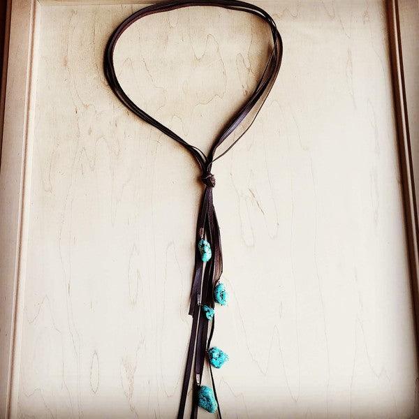 Brown Lasso Necklace with Turquoise Accents - Three Mad Hatters Mercantile 