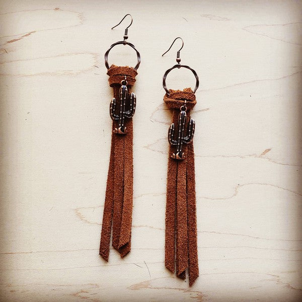 Suede Leather Tassel Earrings w/ Cactus Charm Tassel Earrings brown 1 