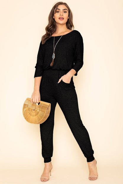 Plus Quarter Sleeve Boat Neck Blouson Jumpsuit Jumpsuit Black 2X 