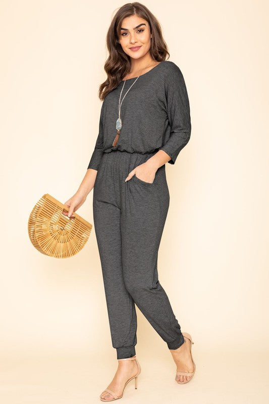 Plus Quarter Sleeve Boat Neck Blouson Jumpsuit Jumpsuit   