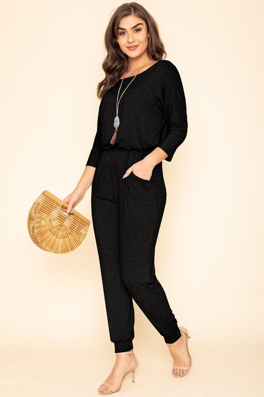 Plus Quarter Sleeve Boat Neck Blouson Jumpsuit Jumpsuit   