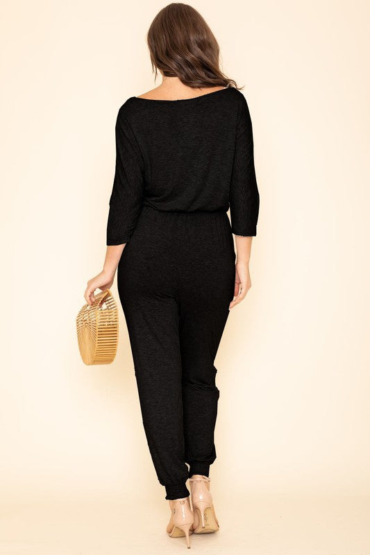 Plus Quarter Sleeve Boat Neck Blouson Jumpsuit Jumpsuit   