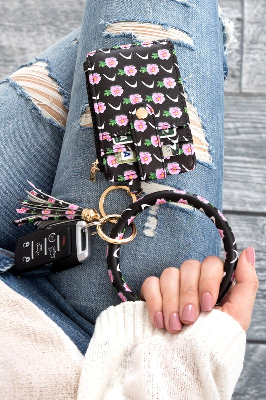 Key Ring Wallet Bracelet ID Zip Up wallet Black Floral OneSize 