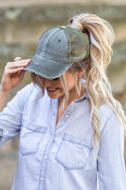 Distressed Messy Bun Hat - Three Mad Hatters Mercantile 