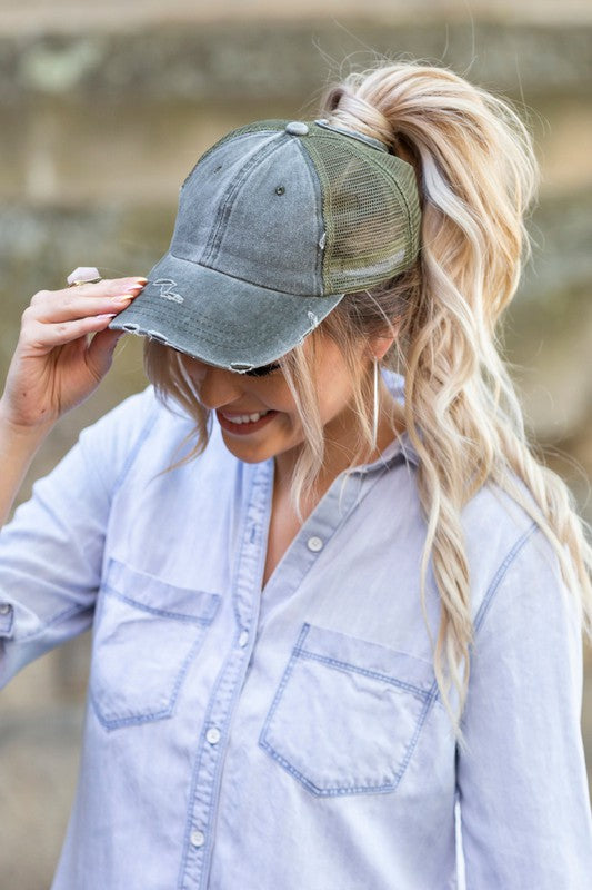 Distressed Messy Bun Hat Messy Bun Hat Olive OneSize 