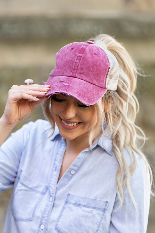 Distressed Messy Bun Hat Messy Bun Hat Berry OneSize 