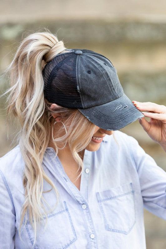 Distressed Messy Bun Hat - Three Mad Hatters Mercantile 