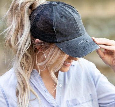 Distressed Messy Bun Hat