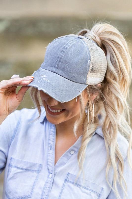 Distressed Messy Bun Hat - Three Mad Hatters Mercantile 