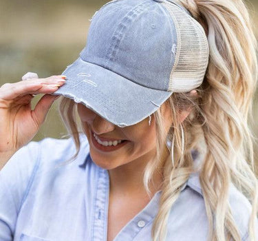 Distressed Messy Bun Hat