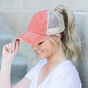 Distressed Messy Bun Hat