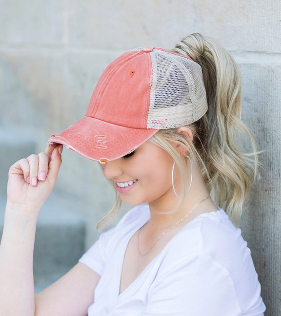 Distressed Messy Bun Hat Messy Bun Hat Rust OneSize 