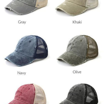 Distressed Messy Bun Hat