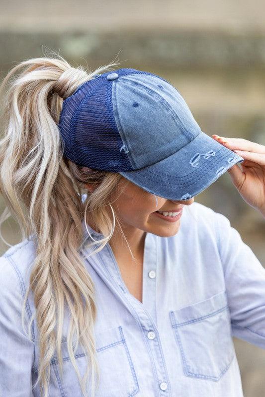Distressed Messy Bun Hat - Three Mad Hatters Mercantile 