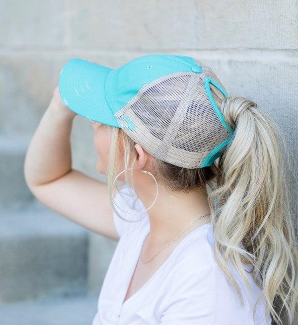 Distressed Messy Bun Hat - Three Mad Hatters Mercantile 