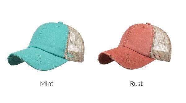 Distressed Messy Bun Hat - Three Mad Hatters Mercantile 
