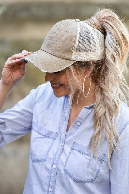 Distressed Messy Bun Hat - Three Mad Hatters Mercantile 