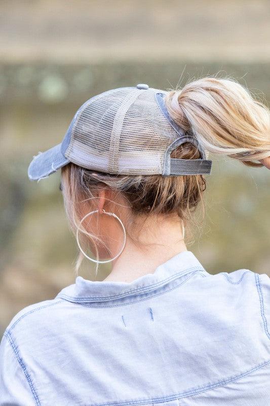 Distressed Messy Bun Hat - Three Mad Hatters Mercantile 