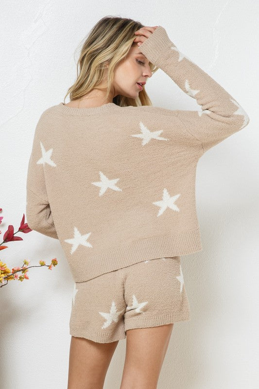 Soft Long Sleeve Star Print Top and Short Set Womens Loungewear   