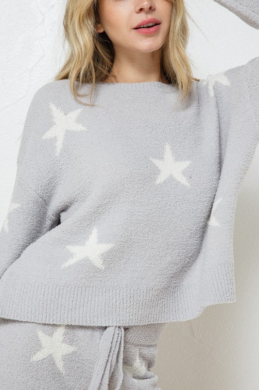 Soft Long Sleeve Star Print Top and Short Set Womens Loungewear   