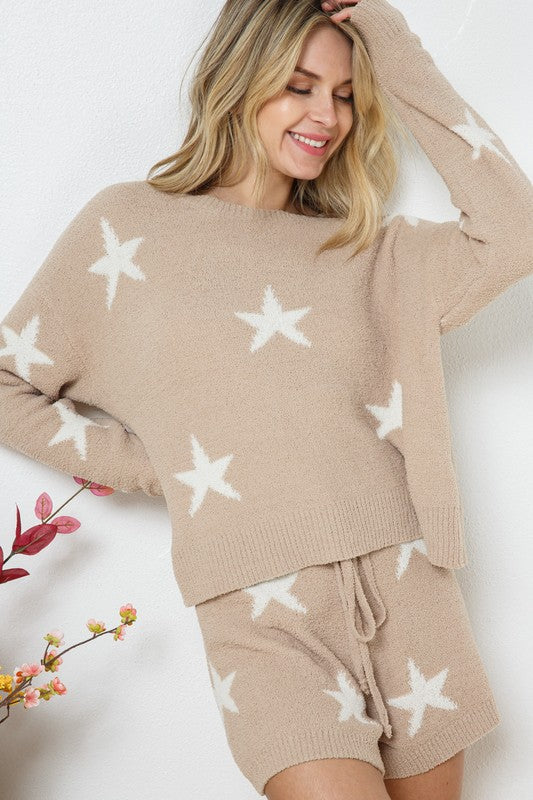 Soft Long Sleeve Star Print Top and Short Set Womens Loungewear   