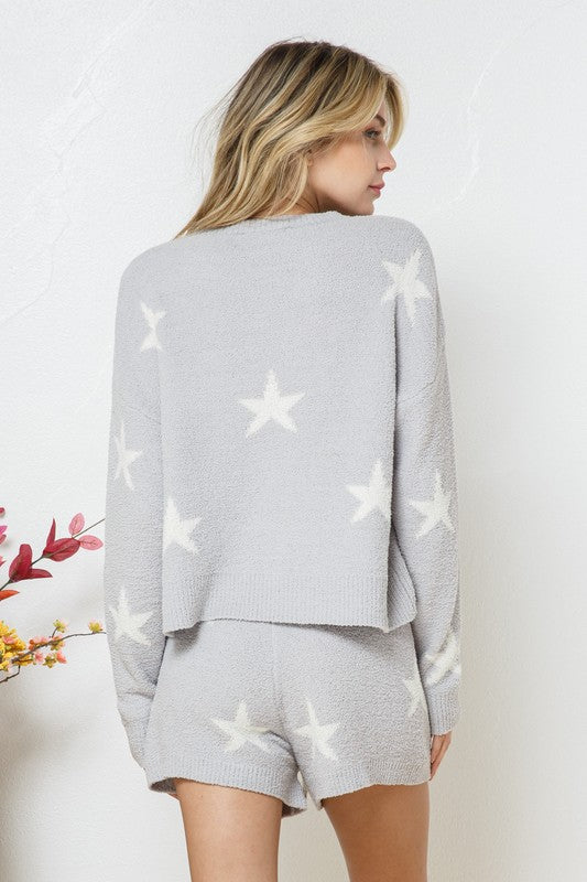 Soft Long Sleeve Star Print Top and Short Set Womens Loungewear   