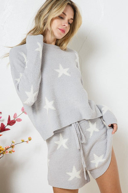 Soft Long Sleeve Star Print Top and Short Set Womens Loungewear HEATHER GREY S 