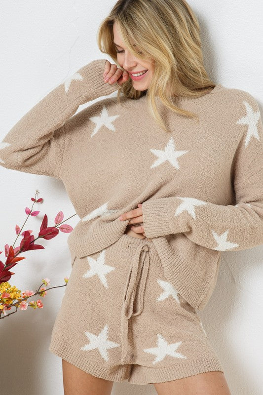 Soft Long Sleeve Star Print Top and Short Set Womens Loungewear   