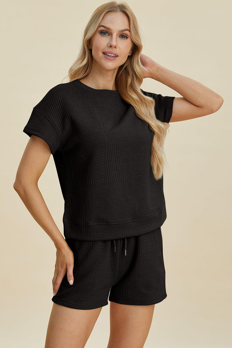 Double Take Full Size Texture Short Sleeve Top and Shorts Set - Three Mad Hatters Mercantile 